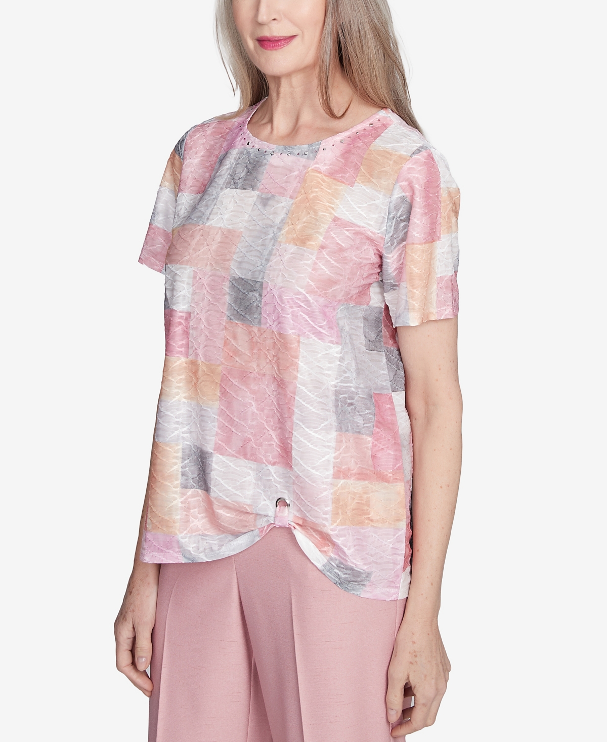 Alfred Dunner Women's Estate Of Mind Textured Colorblock Crew Neck Top In Multi Pink