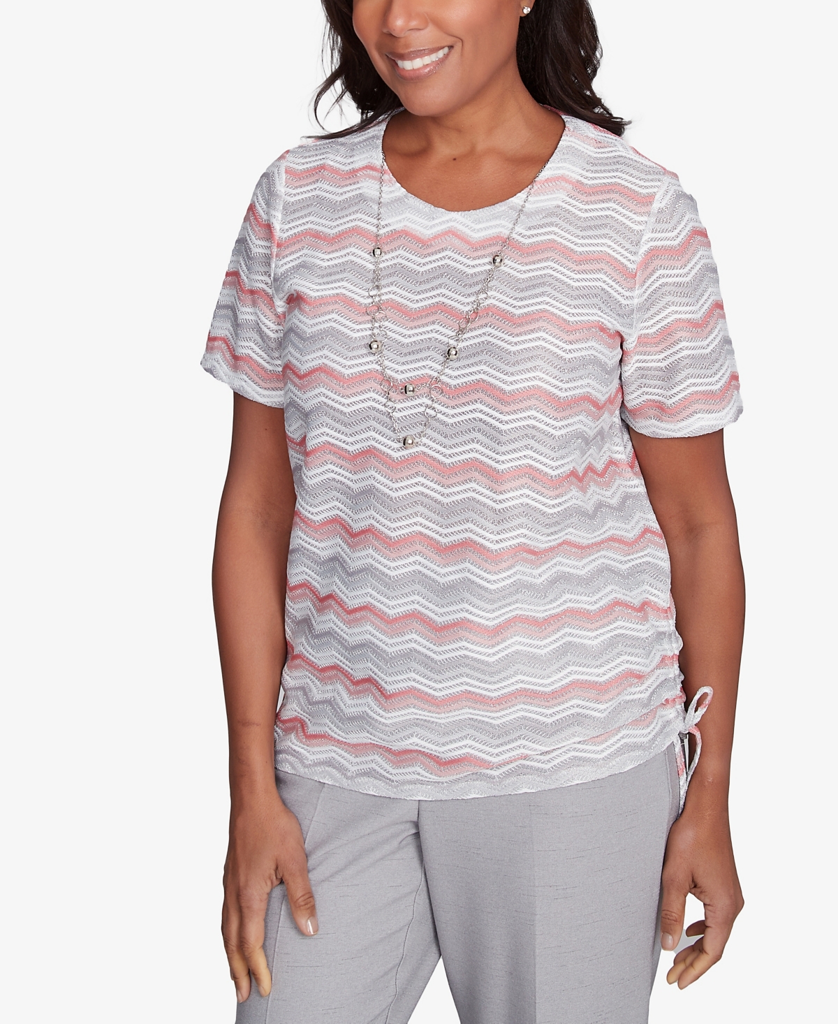 Alfred Dunner Petite Estate Of Mind Chevron Shimmer Top With Necklace In Multi Pink
