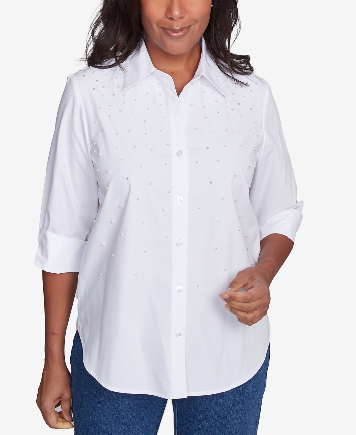 Alfred Dunner Plus Size Flower Power Studded Button Down Collared Top In White