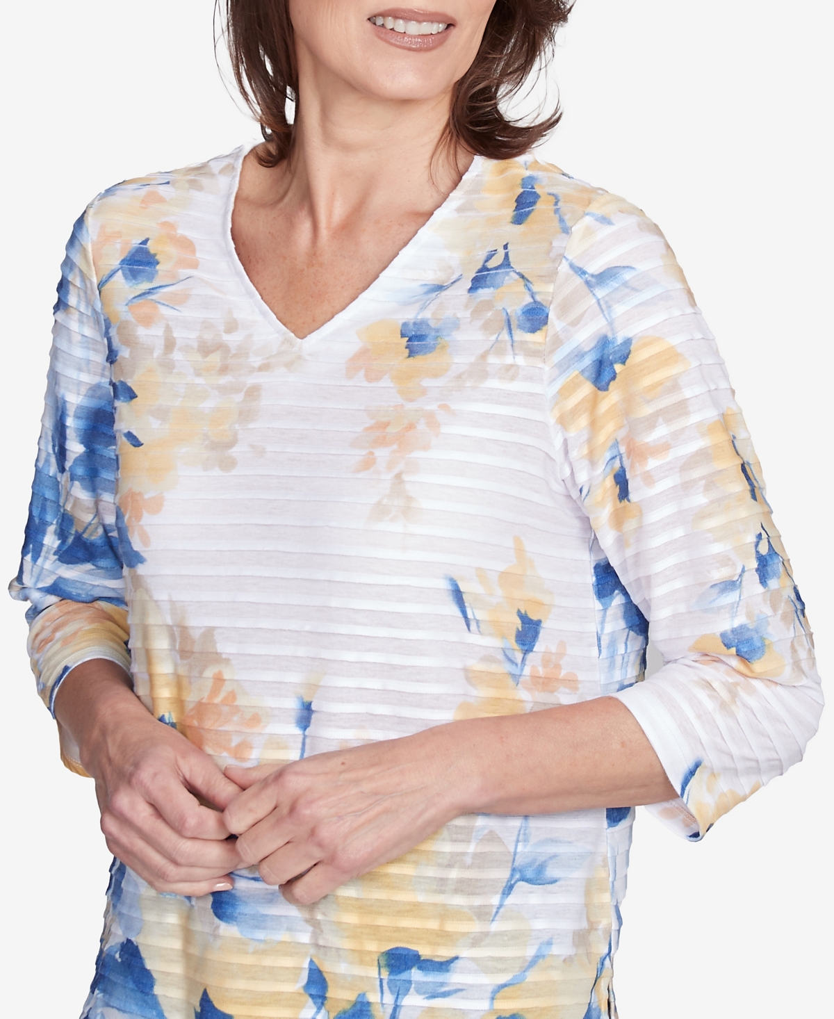 Alfred Dunner Plus Size Flower Power Floral Textured V Neck Top In Multi Blue