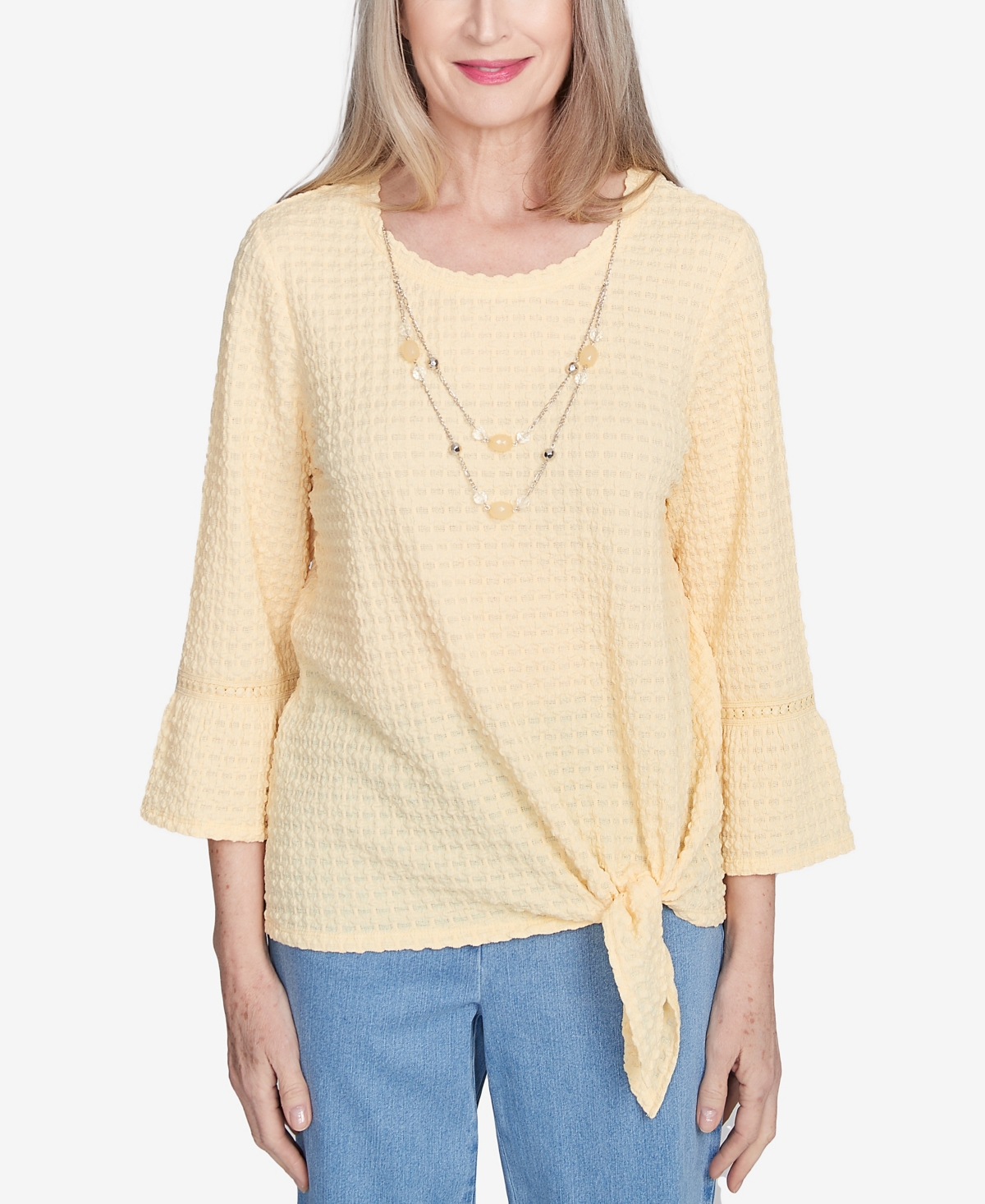 Alfred Dunner Plus Size Flower Power Tie Front Textured Crew Neck T-shirt With Necklace In Buttercup