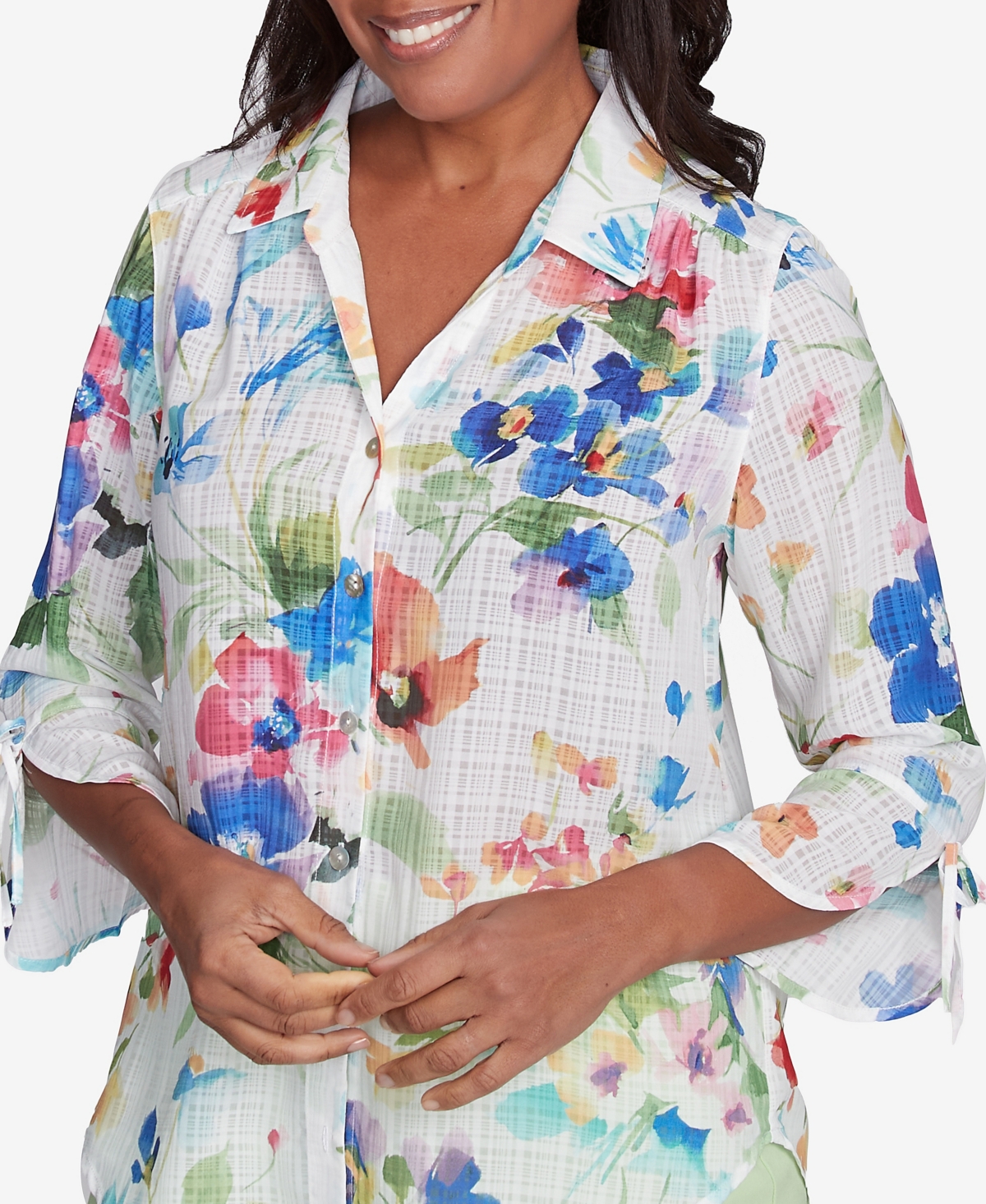 Alfred Dunner Petite Parrot Cay Abstract Watercolor Button Down Collared Neckline Top In Cobalt Multi