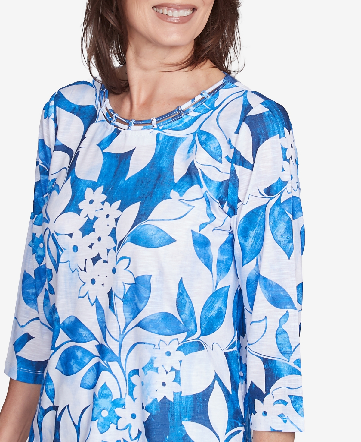 Alfred Dunner Plus Size Parrot Cay Monotone Cobalt Floral Top In Cobalt Blue