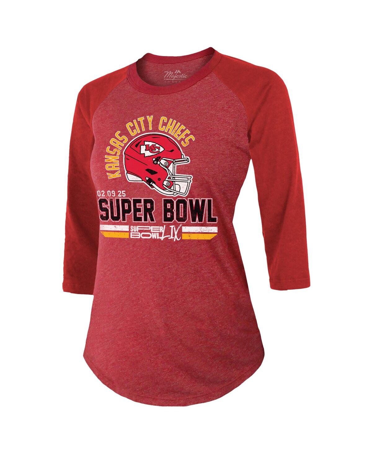 Majestic Women's Red Kansas City Chiefs Super Bowl Lix Hard Count Tri-blend Raglan 3/4-sleeve T-shirt In Red