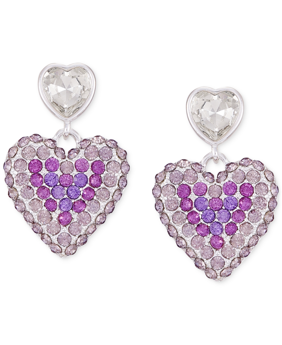 Crystal Double Heart Linear Earrings - Silver