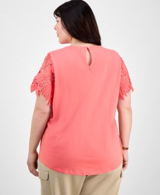 Plus Size Lace Yoke Short-Sleeve Top
