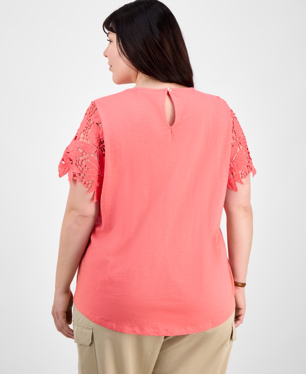Tommy Hilfiger Plus Size Lace Yoke Short-sleeve Top In Sherbert