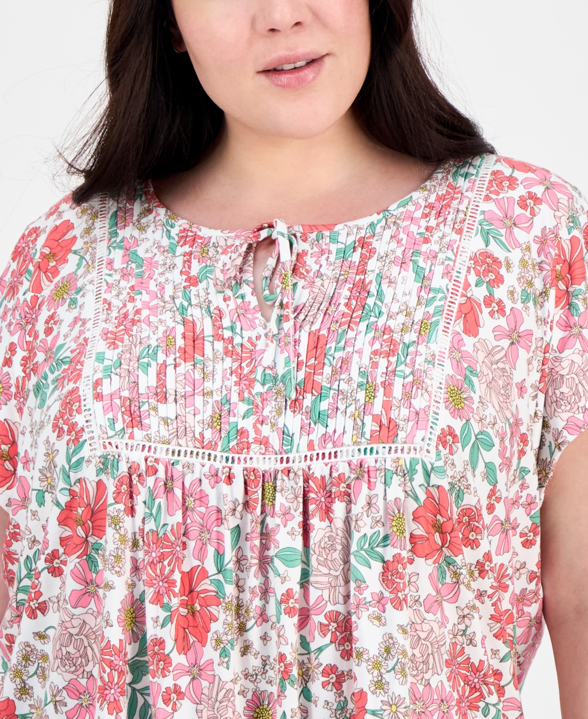 Tommy Hilfiger Plus Size Floral-print Pintucked Top, Exclusively At Macy's In Ivory Multi
