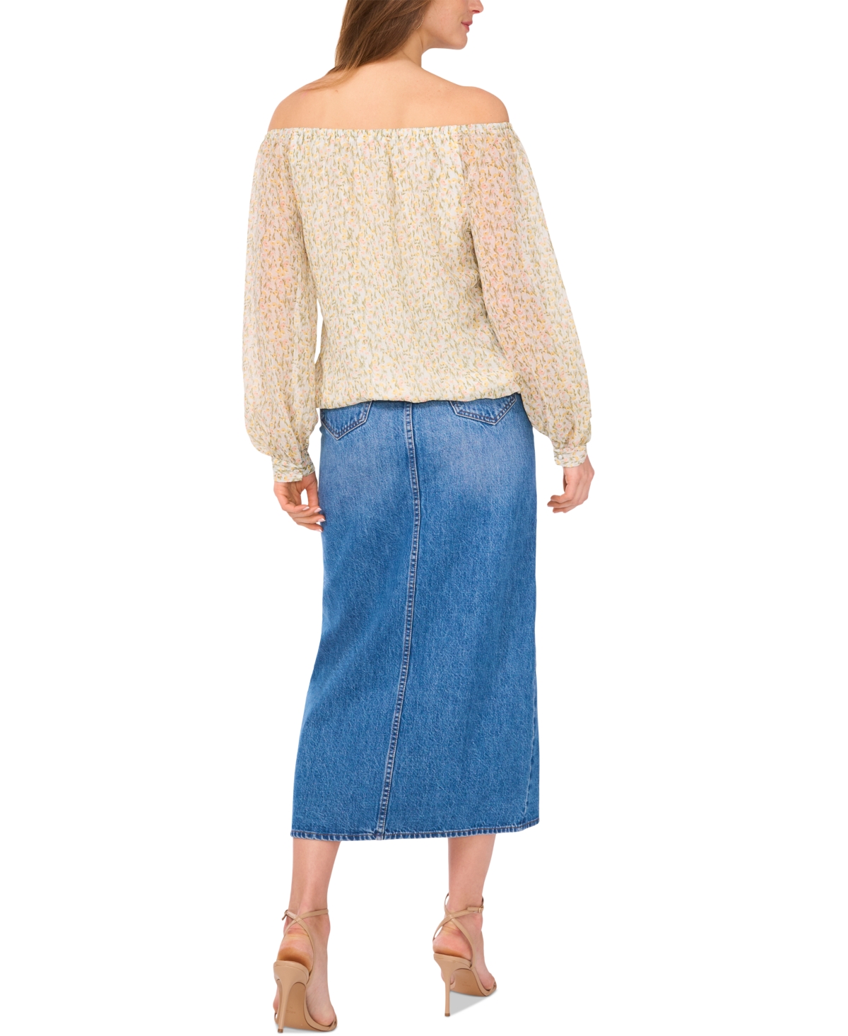Shop Vince Camuto Women's Floral Off-the-shoulder Long-sleeve Tie-front Blouse In Calm Grey