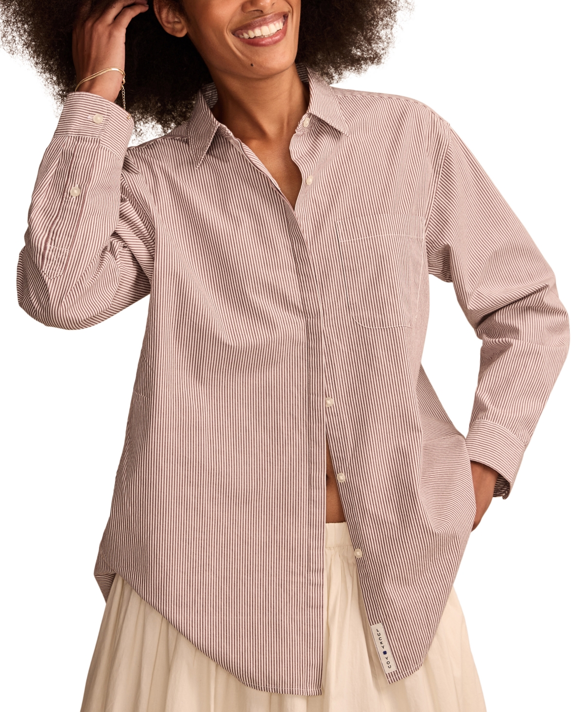 Lucky Brand Stripe Oversize Button Back Cotton Button-up Shirt In Brown Stripe