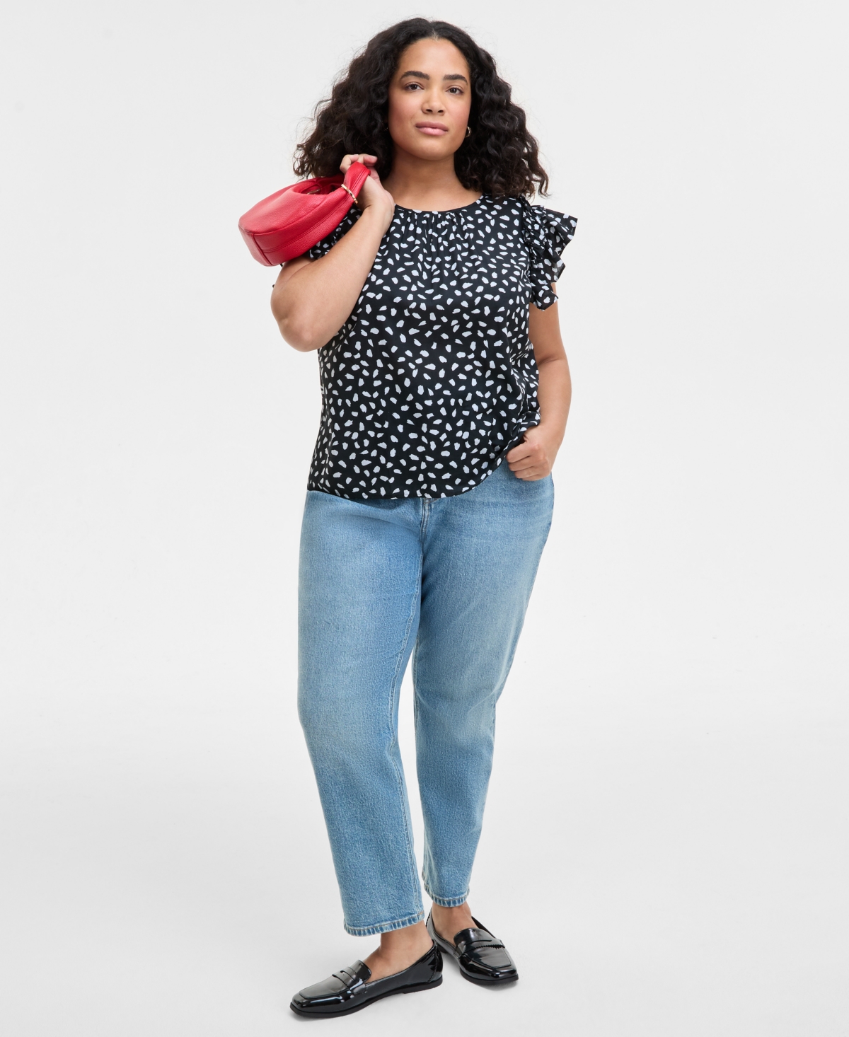 On 34th Trendy Plus Size Paint Dot Ruffle-sleeve Top, Exclusively At Macy's In Deep Black