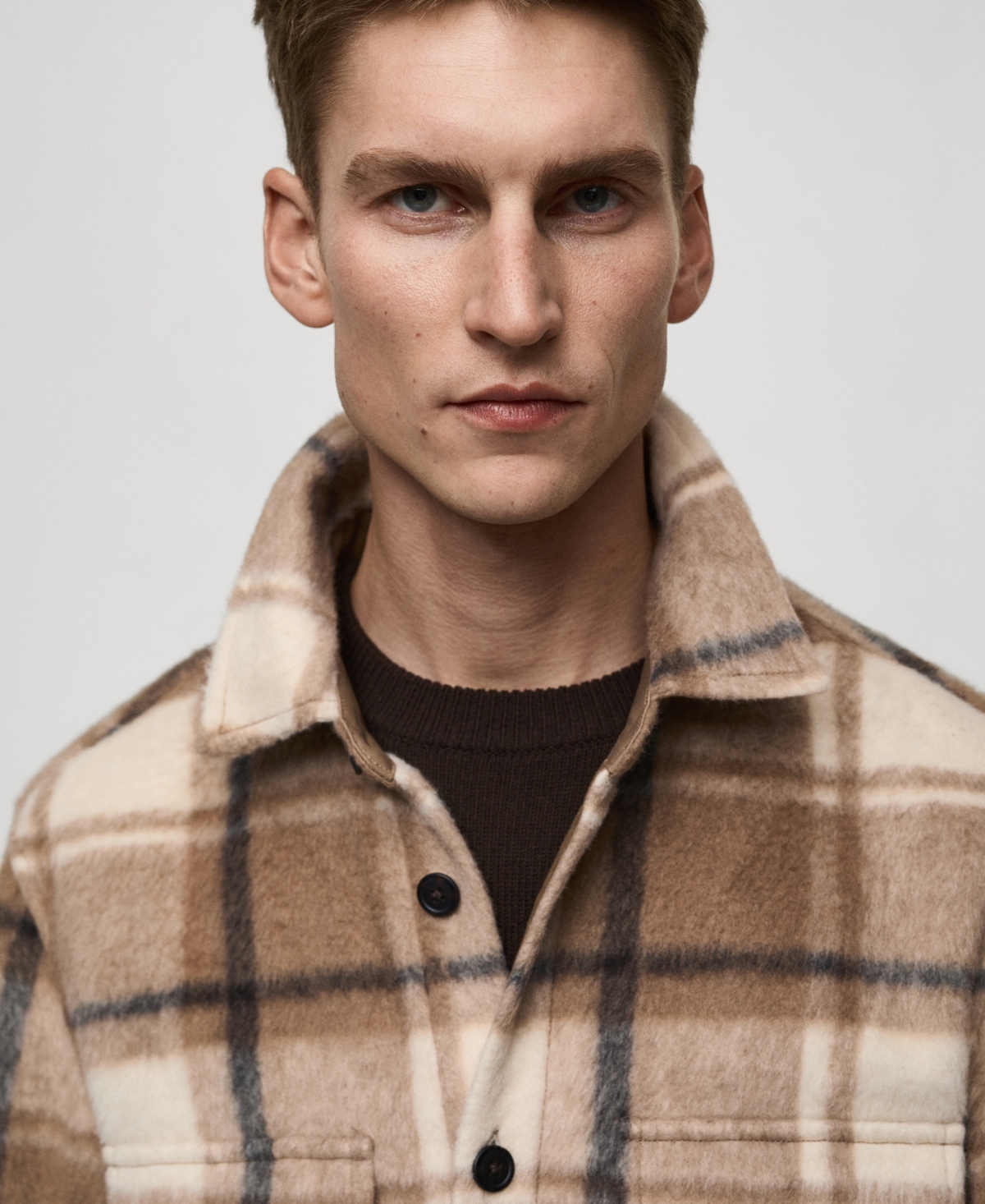 Mango Textured Check Flannel Overshirt In Beige