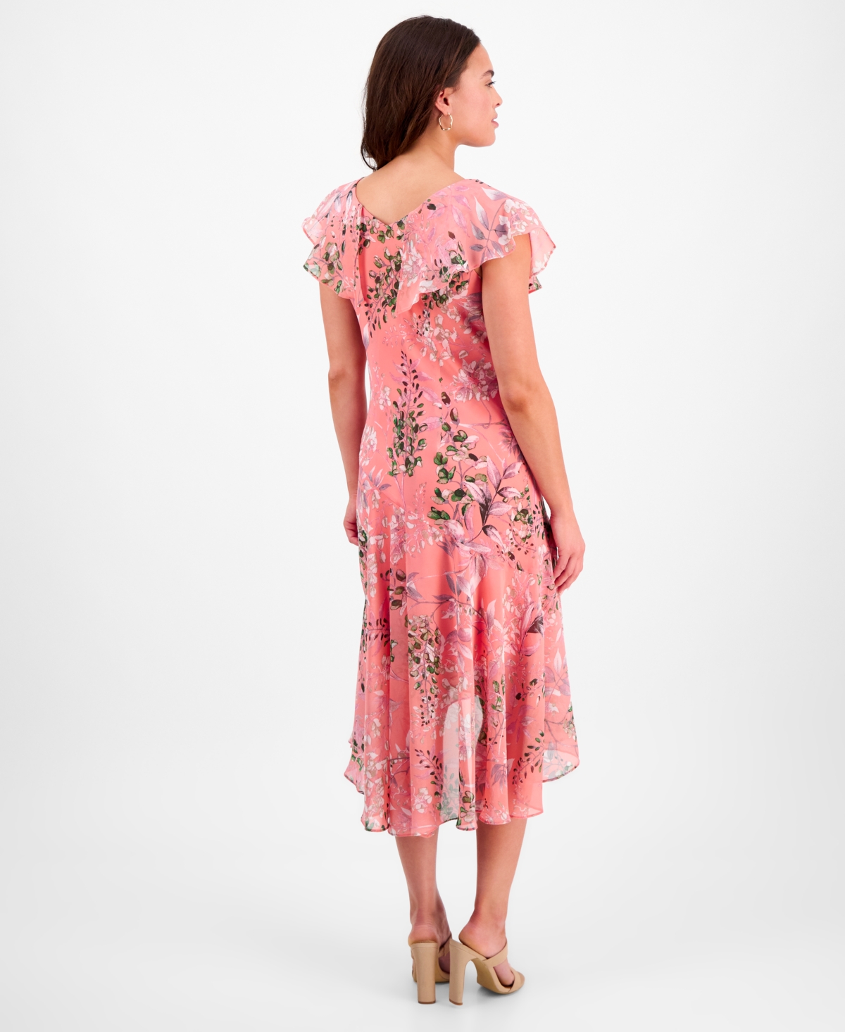 ROBBIE BEE PETITE FLORAL FLUTTER-SLEEVE MIDI DRESS