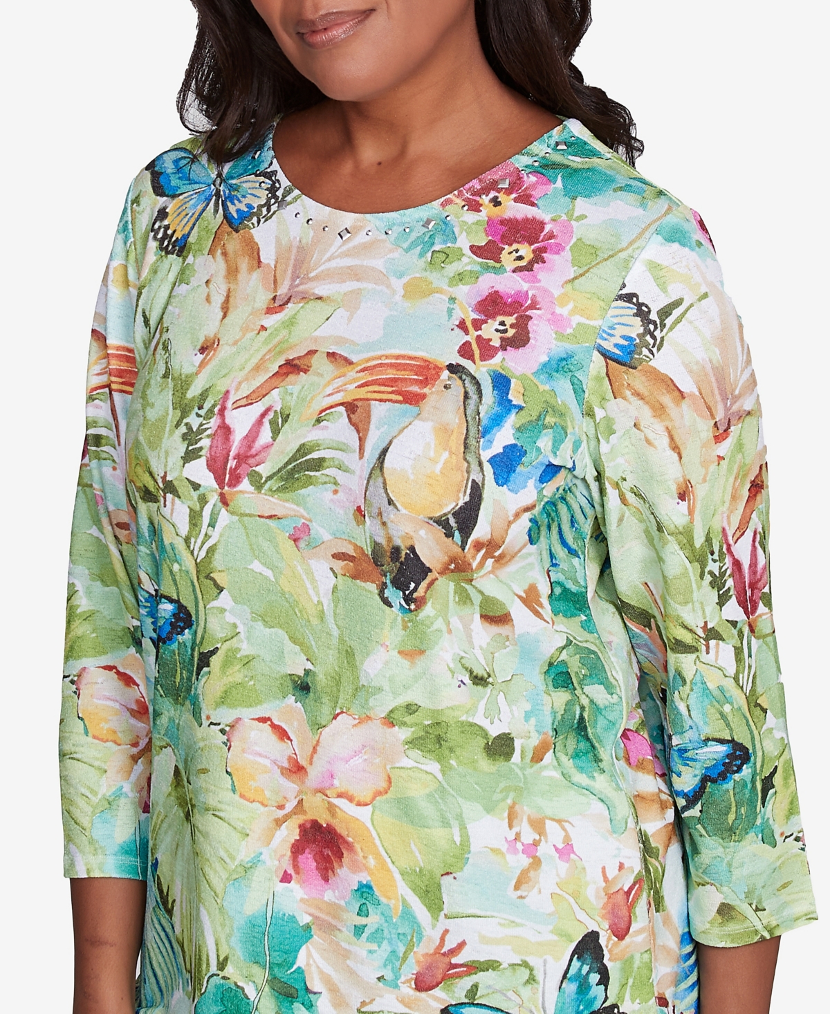 Alfred Dunner Plus Size Parrot Cay Tropical Toucan Crew Neck Top In Multi Green