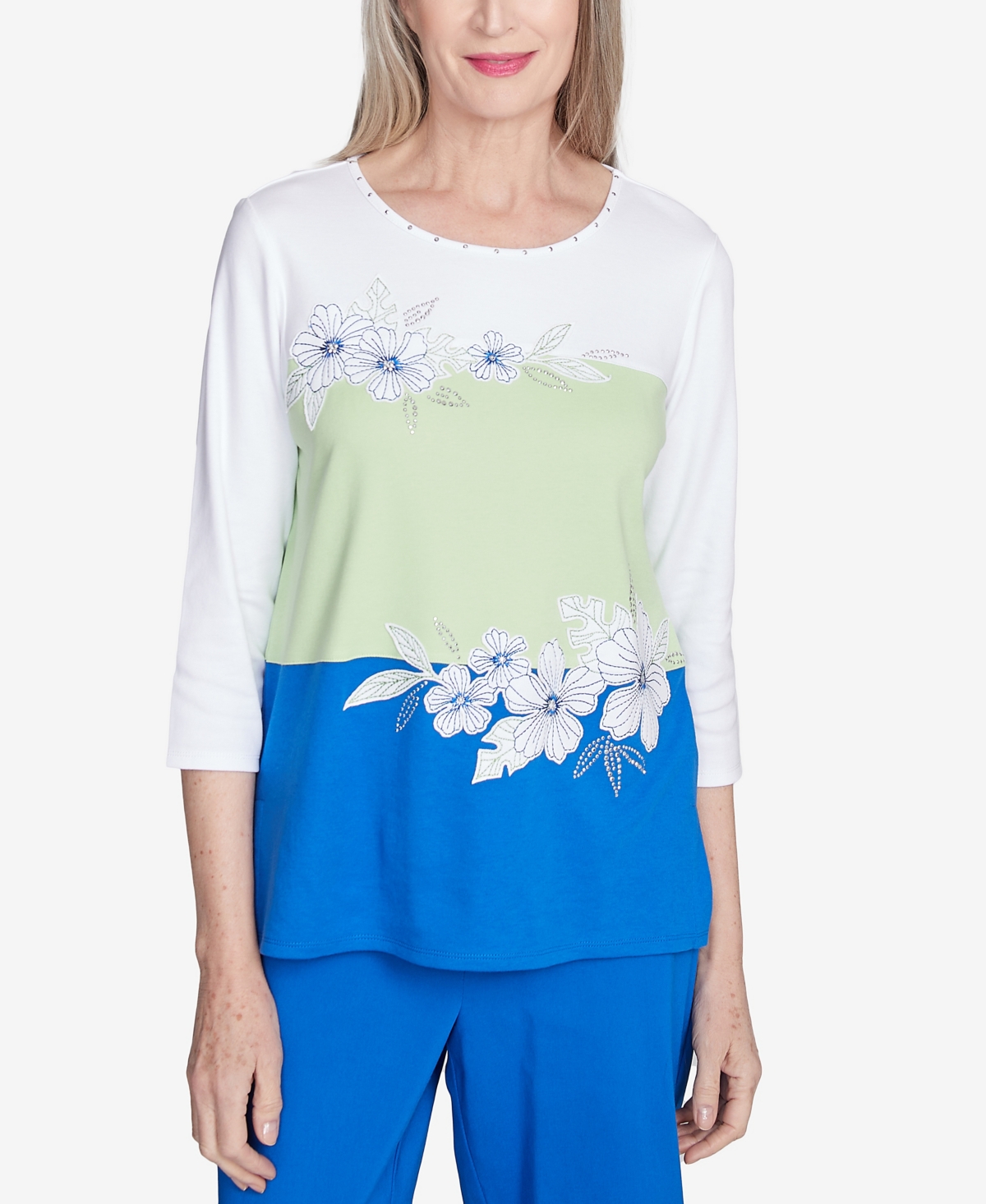 Alfred Dunner Plus Size Parrot Cay Tropical Colorblock Floral Crew Neck Top In Cobalt Multi