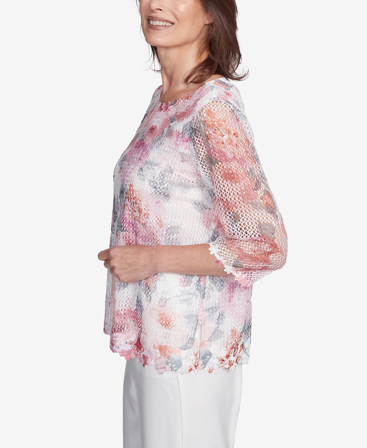 Alfred Dunner Women's Estate Of Mind Floral Mesh Watercolor Top In Multi Pink