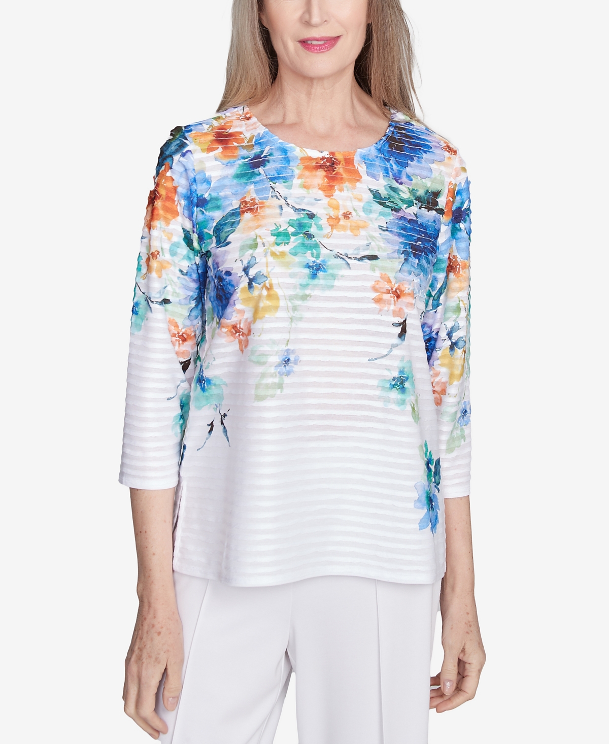 Alfred Dunner Petite Nantucket Textured Floral Neckline Top In Marine Multi