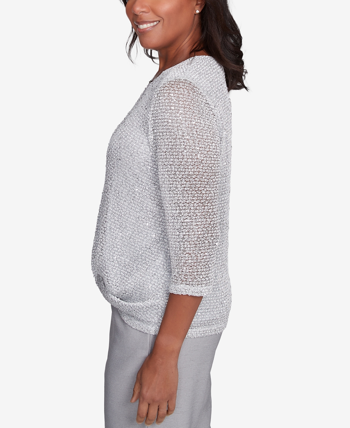 Alfred Dunner Petite Estate Of Mind Sequin Beaded Split Neck Top In Dove Grey
