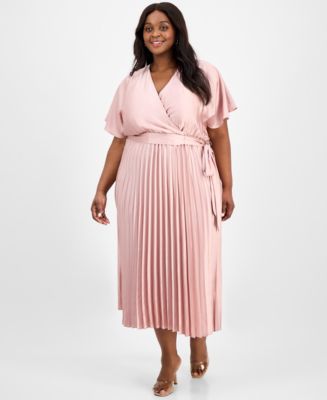 open lace back dress pretty BRISTOL|Plus Size Pleated Long Sleeve V-Neck Midi Glitter Wedding  Guest Dress main image 1