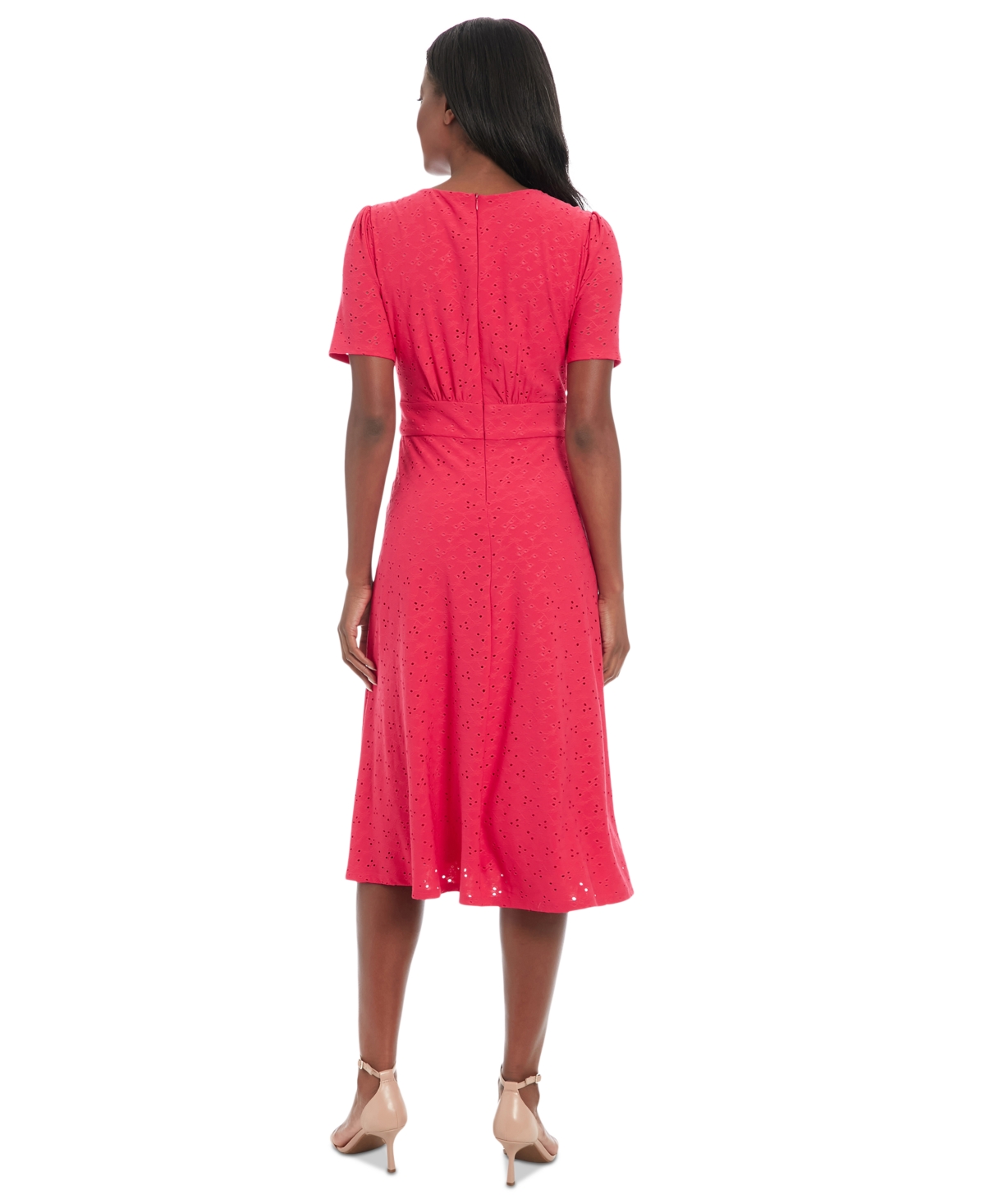 London Times Plus Size Eyelet Jersey Short-sleeve Midi Dress In Rose Red