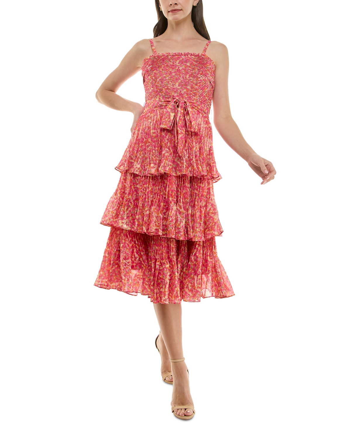 Women's Printed Pleated Tiered Midi Dress - Canary Yellow Pink