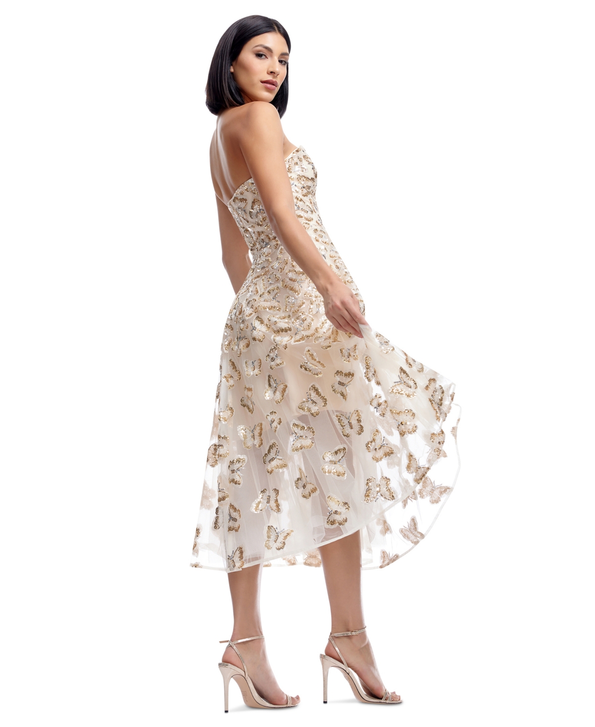 DRESS THE POPULATION WOMEN'S BRIELLA BUTTERFLY SEQUIN STRAPLESS FIT & FLARE DRESS 
