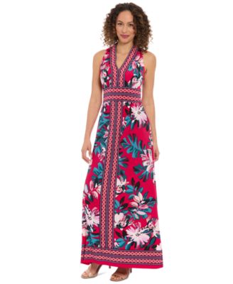 London Times - Women's V-Neck Border Jersey Maxi Dress