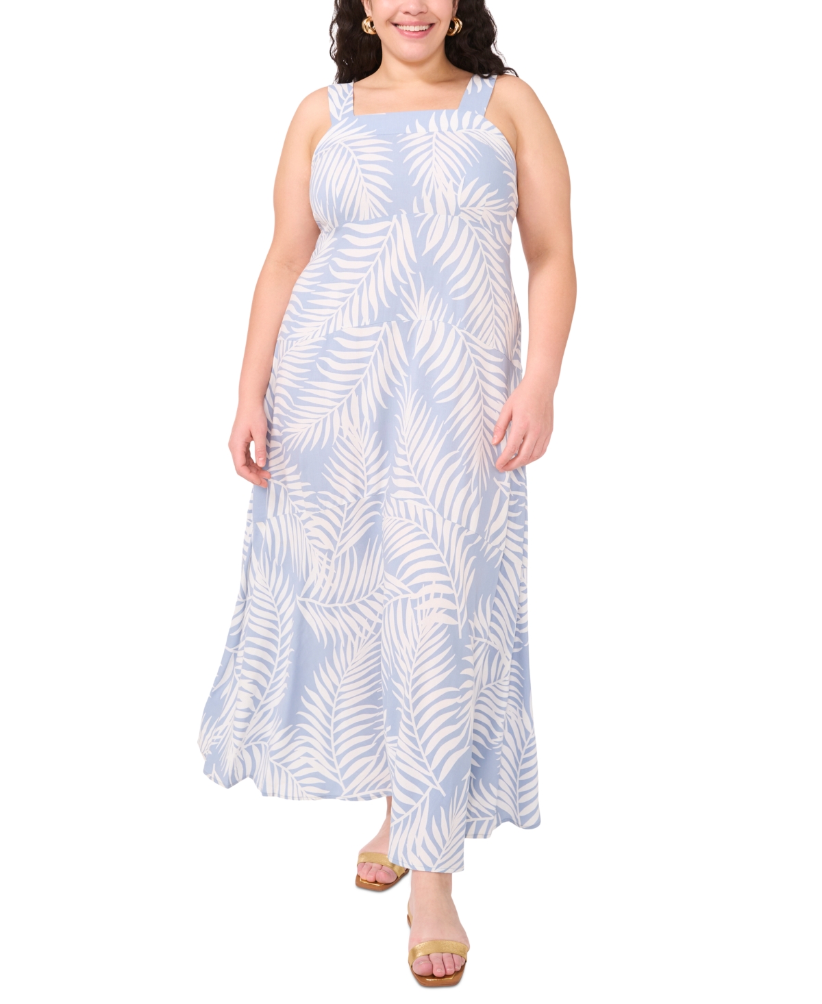 VINCE CAMUTO PLUS SIZE TROPICAL-PRINT SMOCKED BACK TIERED SLEEVELESS MAXI DRESS 