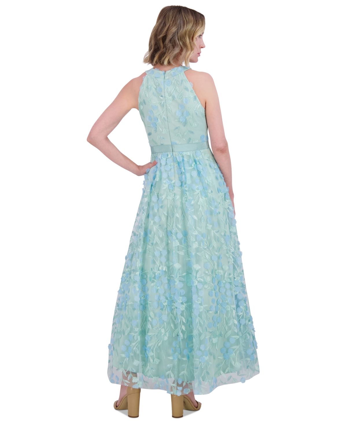 Eliza J Petite 3d Floral Applique Halter Gown In Sage