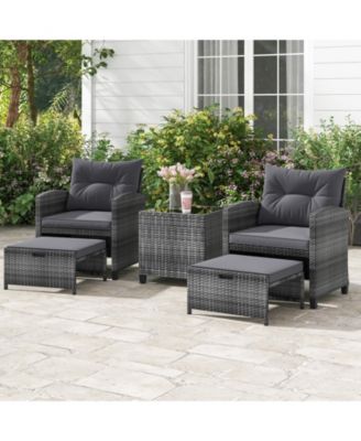 5-Piece Outdoor Rattan Furniture Set with 2 Ottomans and Glass Coffee Table