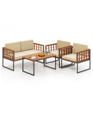 4 Pieces Acacia Wood Outdoor Sofa Set for Balcony  Porch  Backyard  Poolside