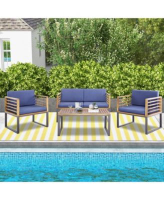 4 Piece Patio Acacia Wood Conversation Set with Soft Seat