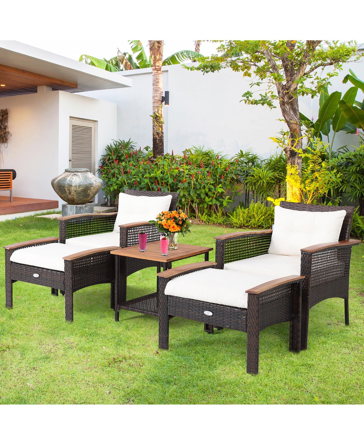 5 Pieces Patio Rattan Furniture Set with Acacia Wood Table