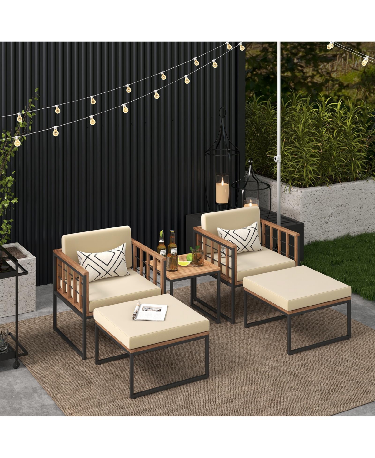 5 Piece Outdoor Furniture Set Acacia Wood Chair Set with Ottomans and Coffee Table