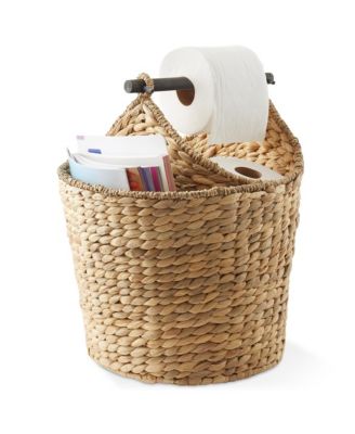 Toilet Paper Magazine Storage Basket with Roll Holder, Natural - Woven Water Hyacinth Wicker Bathroom Storage Bin