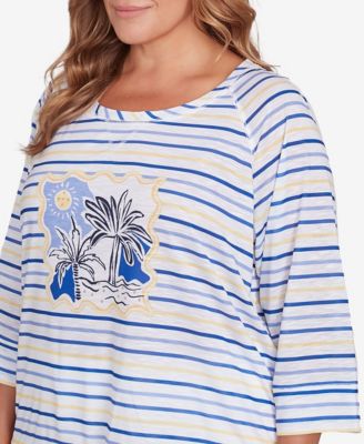 Plus Size Making Waves Beach Scene Drawstring 3/4 Sleeve Top