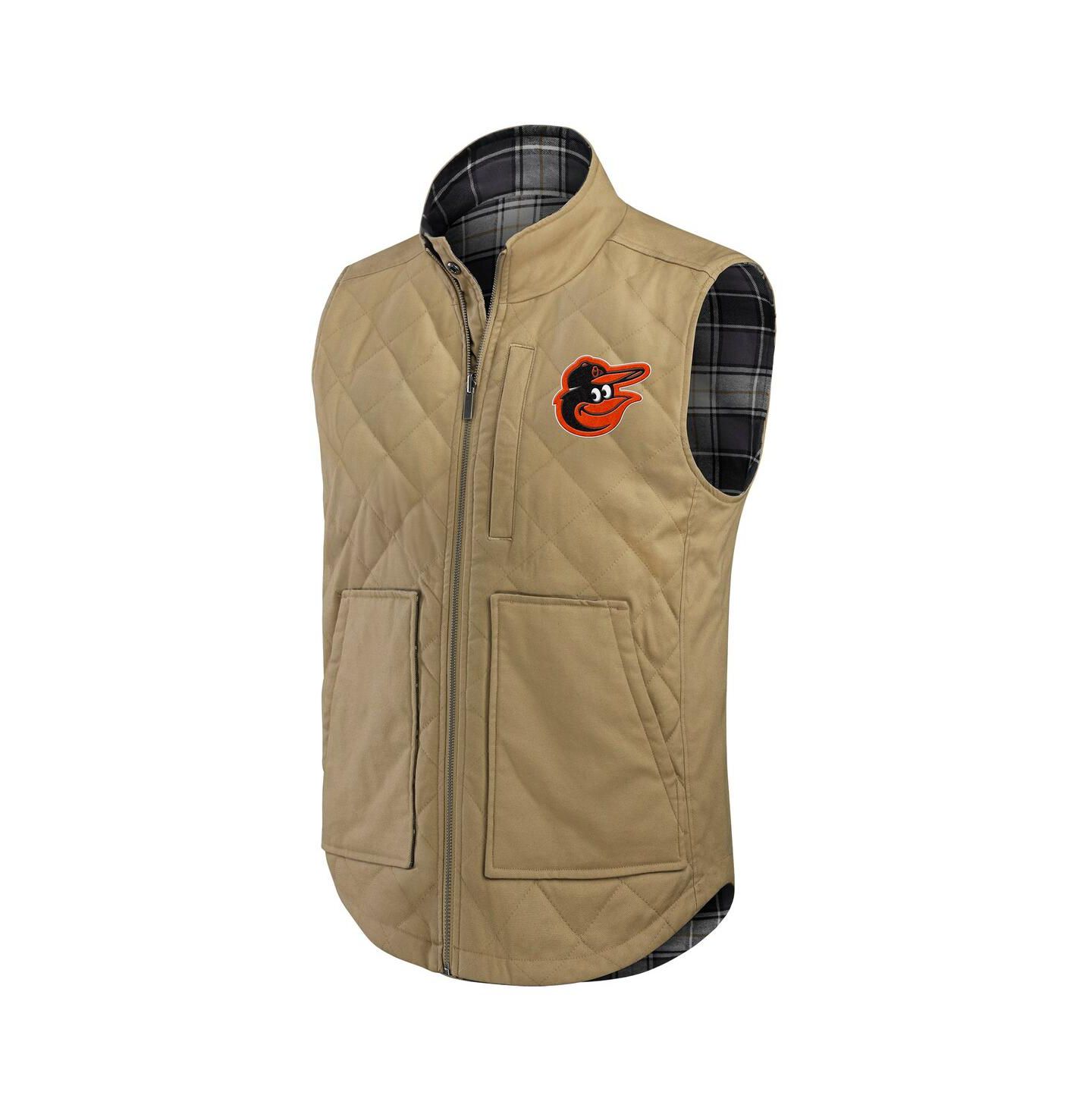Мужской жилет Fanatics Tan/Charcoal Baltimore Orioles Reversible Canvas Plaid Patch Full-Zip Vest — фото 2