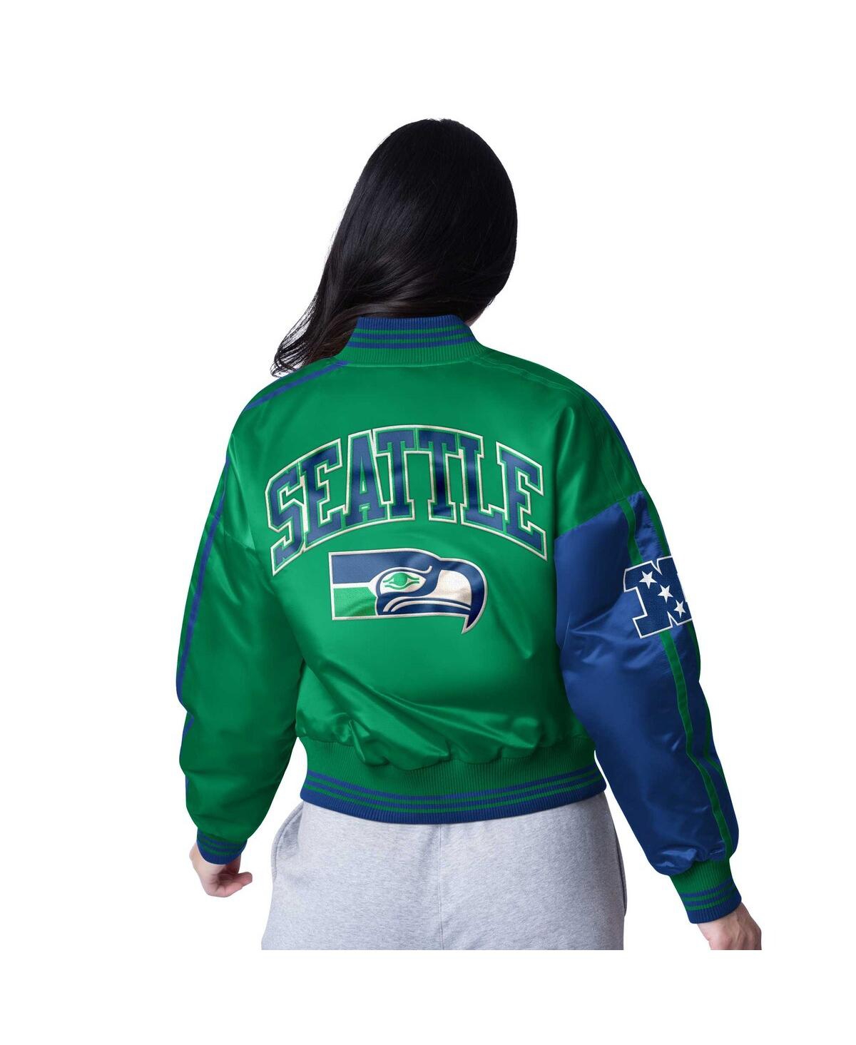 Shop Starter Women's College Navy/neon Green Seattle Seahawks Zone Blitz Cropped Full-snap Satin Jacket In College Navy,neon Green