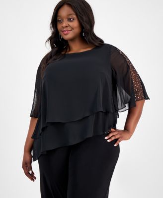 Plus Size Tier-Cape Embellished Jumpsuit 
