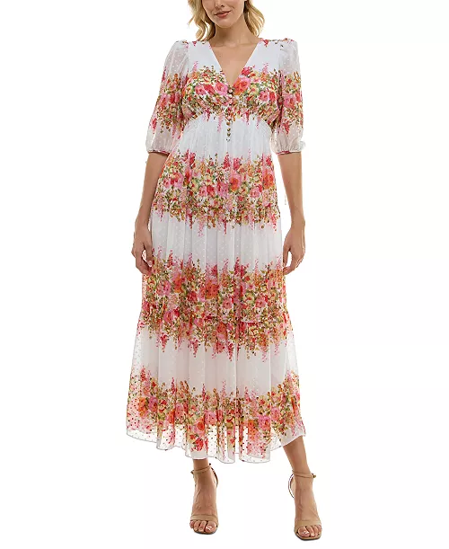 women's floral-striped swiss-dot chiffon dress