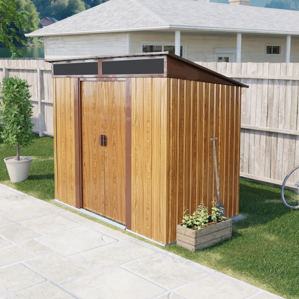 6ft x 5ft Outdoor Metal Storage with Transparent plate and Foundation for Backyard Garden Patio --Coffee - Coffee