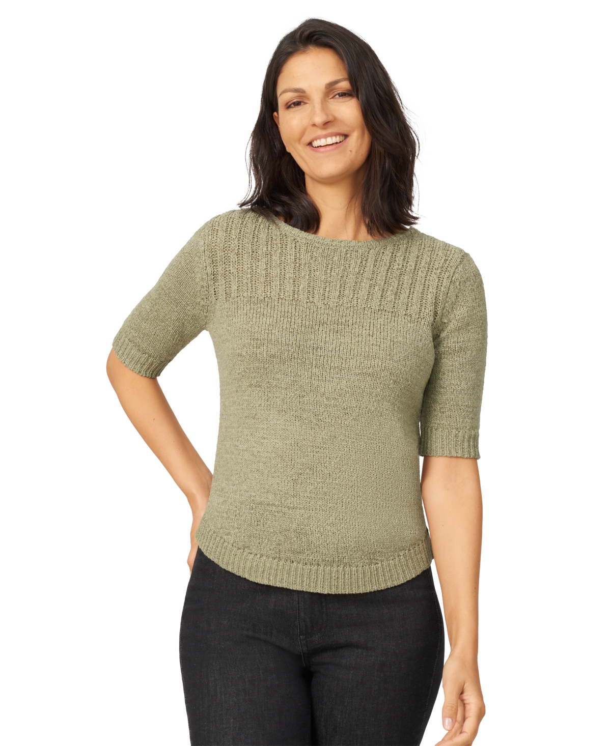 Melissa Paige Petite Elbow-sleeve Ribbed-yoke Sweater In Tea