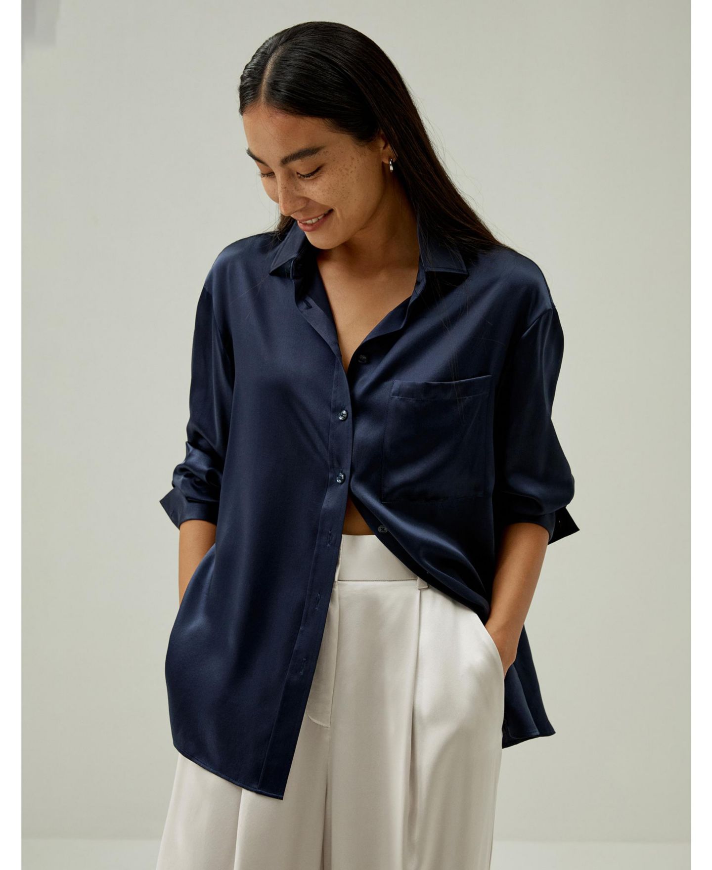 Женская рубашка LILYSILK Casual Spread Collar Silk, цвет: Серый — фото 2