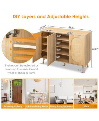 Modern Rattan Shoe Storage Cabinet with 3 Doors and Adjustable Shelves