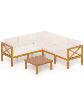 Set of 6 Acacia Wood Patio Furniture Set w/ Cushions & Coffee Table