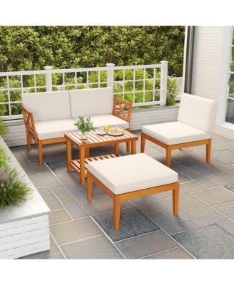 5 PCS Acacia Wood Patio Furniture Set w/ 2-Tier Coffee Table and Cushions