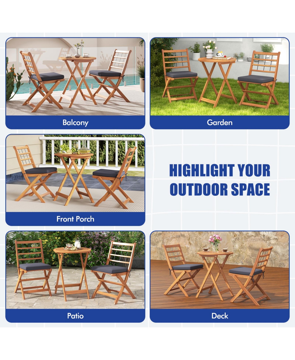 3 Pieces Acacia Wood Patio Bistro Set with Cushions