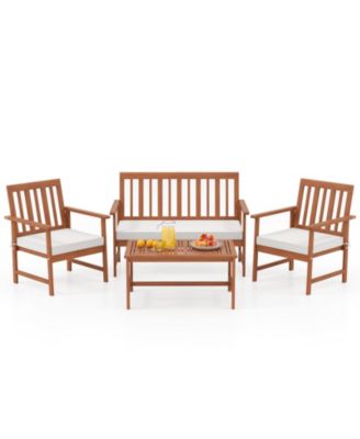 4 Pieces Acacia Wood Furniture Set with Seat Cushions and Robust Wood Frame-White