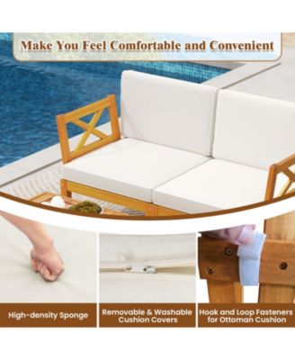 5 Pieces Acacia Wood Patio Furniture Set with 2-Tier Coffee Table and Cushions-White