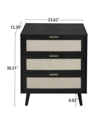 3 Drawer Storage Cabinet Rattan Dressers Chest of Drawers Entryway Cabinet Fluted Nightstand Bedside Table Dresser for Bedroom Living Room, Black